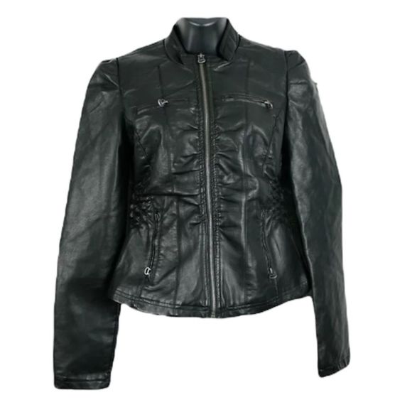 ASOS - NEW LOOK - Faux Leather Puff Sleeve Zip Jacket w Stretch Bodice - Picture 5 of 13